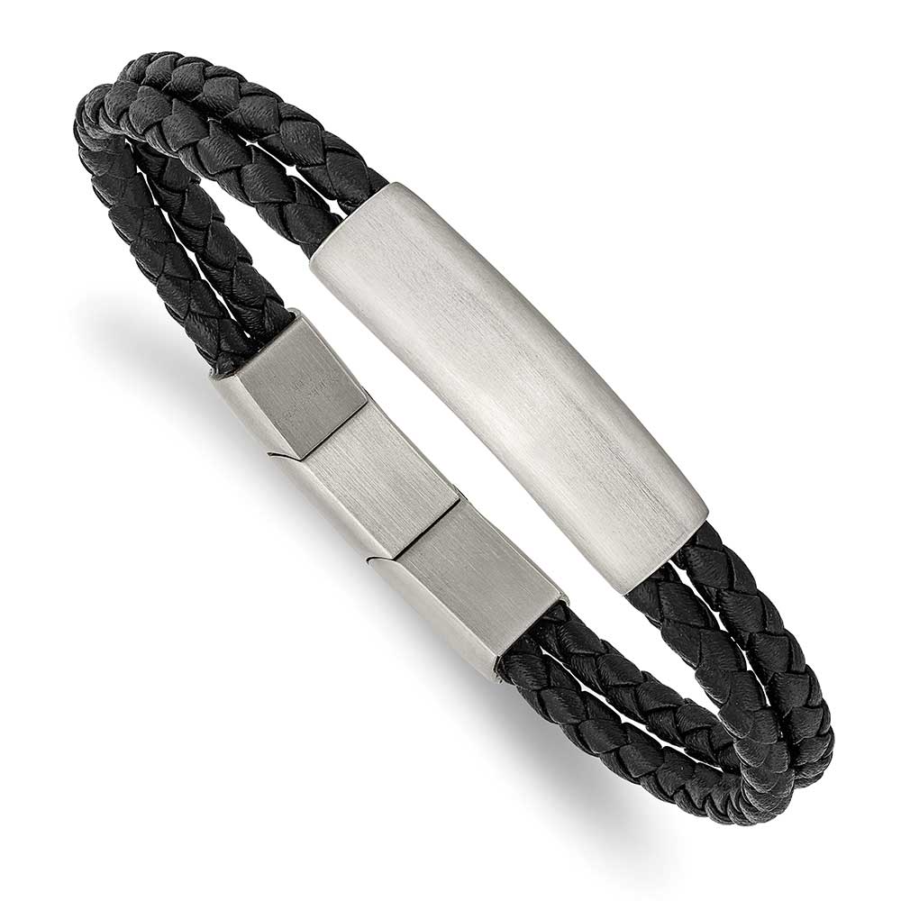 Stainless Steel Brushed Braided Black Leather w/.5in ext 8in Bracelet ...