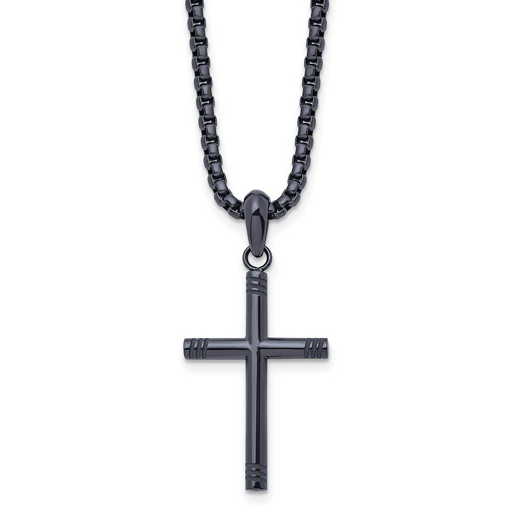 Stainless Steel Polished Blue/Grey IP-plated 24in Cross Necklace ...