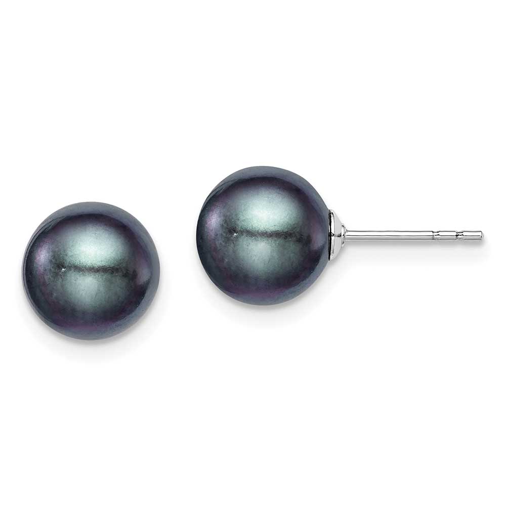 Sterling Silver Rh Plated 8 9mm Black Fw Cultured Round Pearl Stud