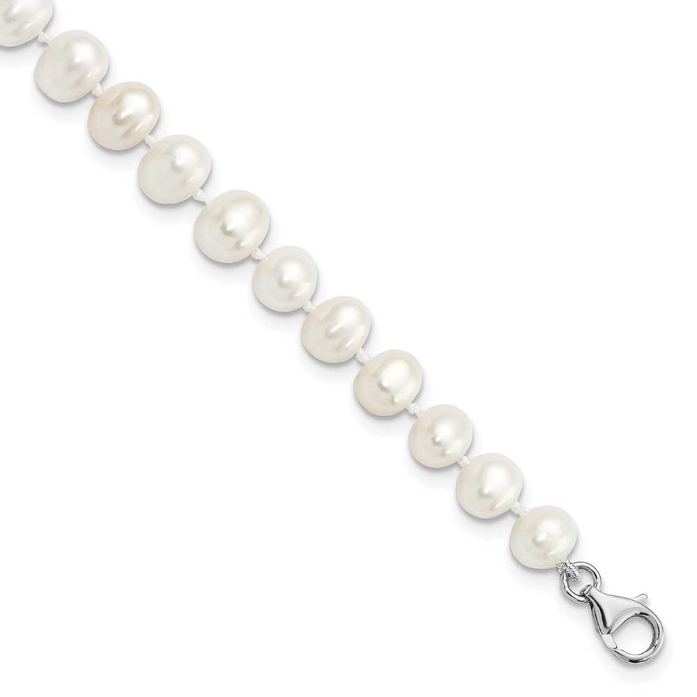 Sterling Silver Rh-plated 7-8mm FWC Pearl CZ w 2in Ext Anklet 10.5in 8mm st