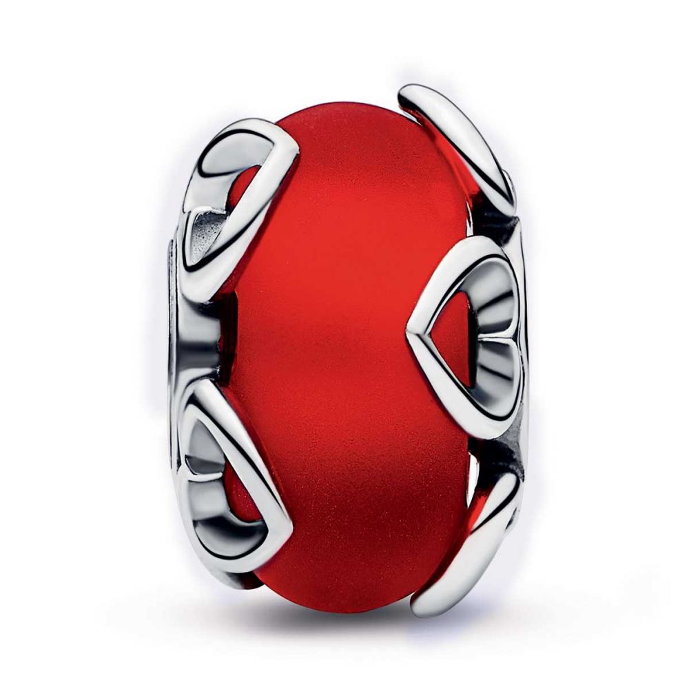 Pandora : Frosted Red Murano Glass & Hearts Charm