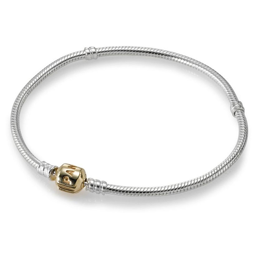 Sterling Silver Pandora Bracelet w/14K Yellow Gold Clasp & several Silver  Charms