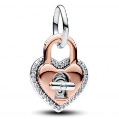 Pandora Two-tone Twistable Heart Padlock Double Dangle Charm