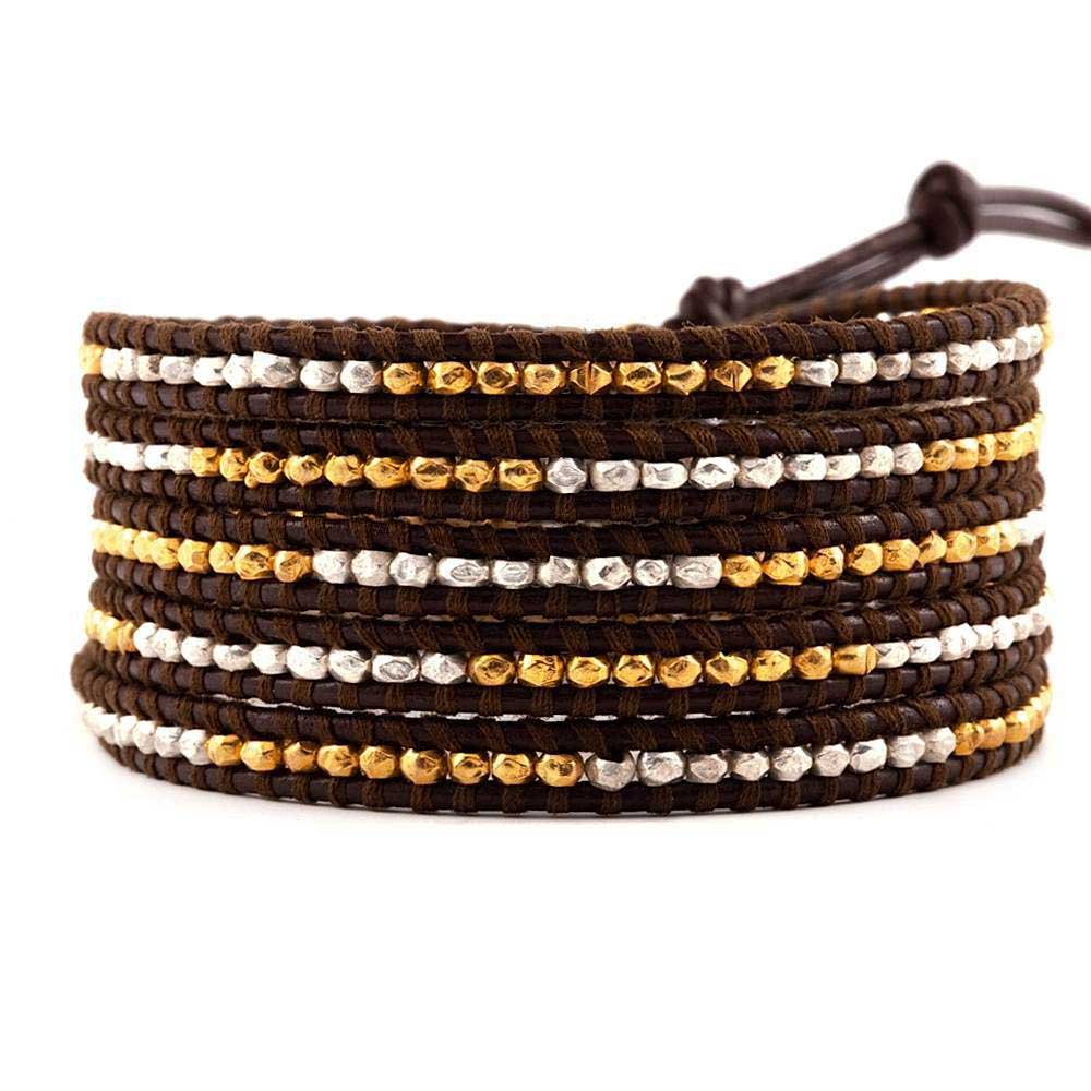 Chan Luu Gold Vermeil and Sterling Silver 5-Wrap Brown Leather Bracelet ...