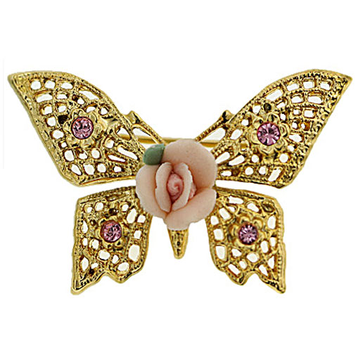 1928 Jewelry Porcelain Rose Butterfly Pin: Precious Accents, Ltd.