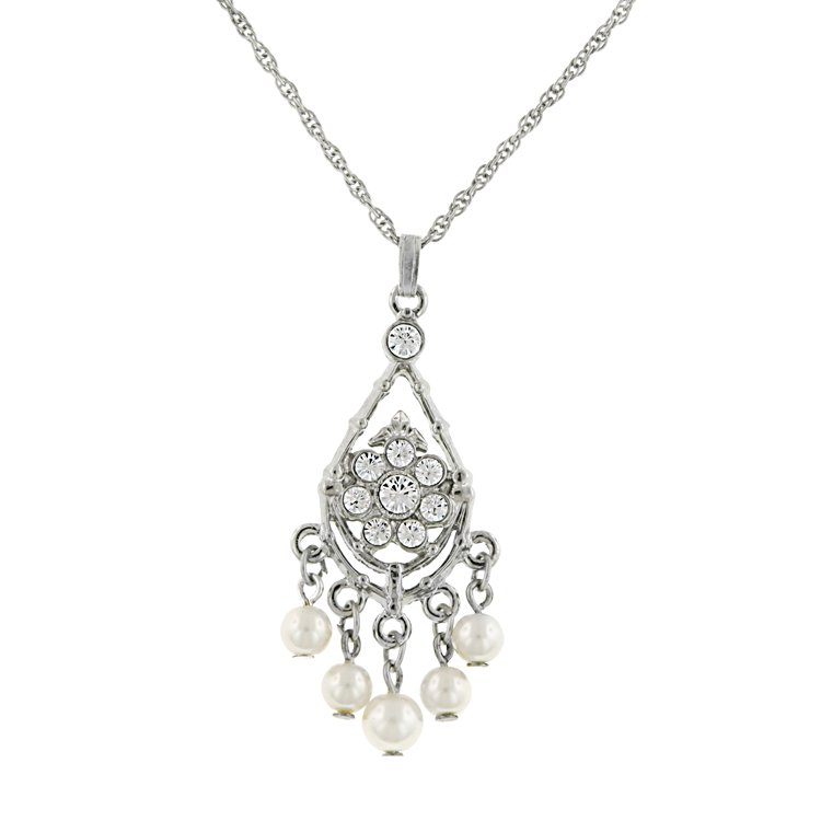 1928 Jewelry Silver-Tone Crystal and Simulated Pearl Drop Necklace ...